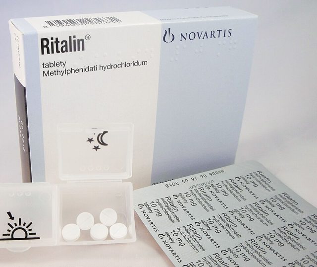Ritalin (methylphenidate) 10 mg, box and tablets