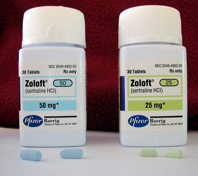Zoloft (sertraline) 25 mg and 50 mg bottles with tablets